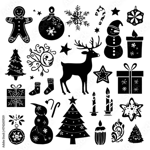 Set of diverse black Christmas holiday silhouettes, festive winter icons collection, traditional seasonal design elements for decor and greeting cards