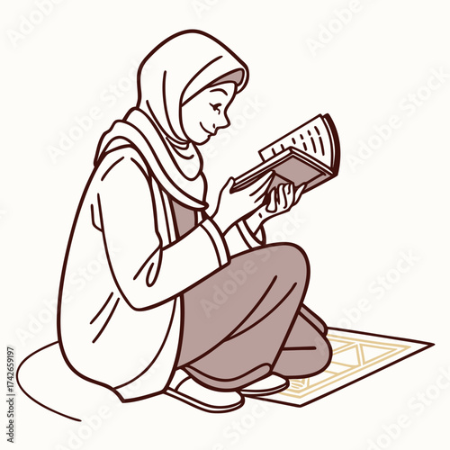 Muslim woman reading a book while sitting on a prayer rug