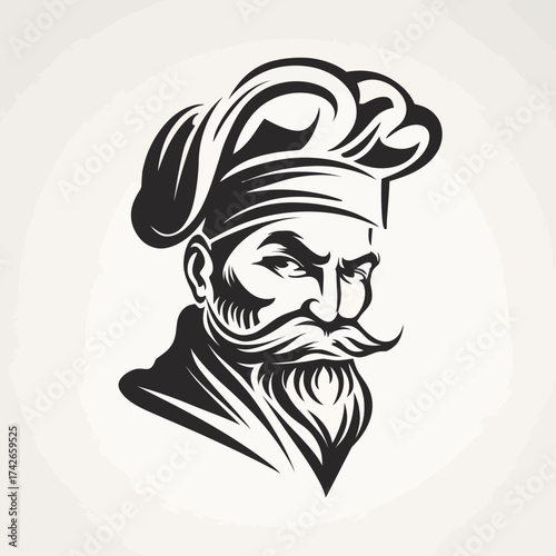 Stylized chef head illustration with beard and toque, perfect for restaurant logo, culinary brand identity, food service, gastronomy.