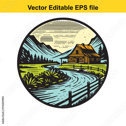 Vector art of rustic wooden cabin nestled by a winding river in a mountainous landscape