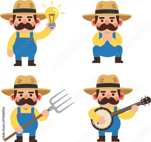 Cartoon farmer characters, rural life illustration, pitchfork pose, banjo playing, idea light bulb, thoughtful expression, overalls, straw hat, farm scene