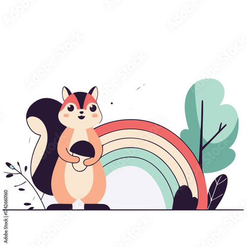 Squirrel Holding Acorn Beside Rainbow Flat Cute EPS10 Vector Illustration