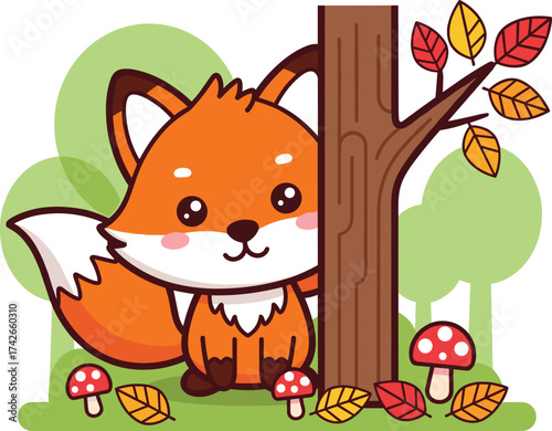 Cute Cartoon Fox Vector in Autumn Forest with Tree and Mushrooms – Adorable Animal Illustration for Kids and Nature Themes