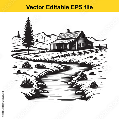 Vector art of black and white sketch of a solitary cabin by a stream in a hilly landscape