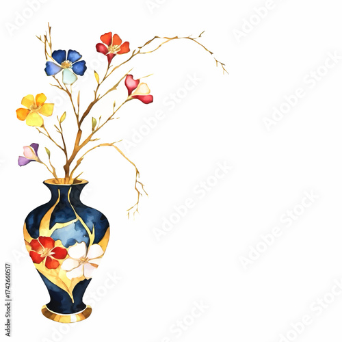 chinese vase with flowers watercolor vector decorative element with white area for insertion