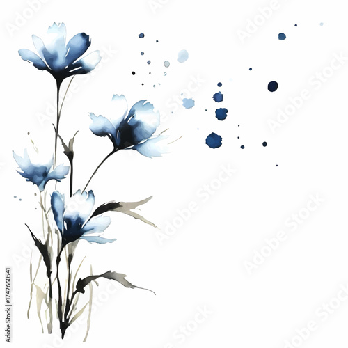 single blue watercolor painted flowers and stains decorative element with white area for insertion