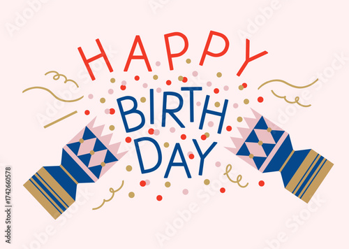 Happy birthday greeting card with a cracker and confetti. Cute flat style. Holiday design template.