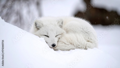 Arctic Fox Sleeping in Snow with Winter Wildlife, and Cold Nature.