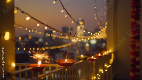 Cinematic Golden Hour City Skyline with Festive Diwali Diyas and Bokeh Fairy Lights
