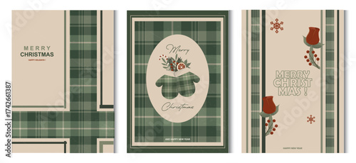 Christmas Greeting Card Collection with Green Plaid Design. Christmas poster set. Vintage holidays concept. Green and eco-friendly christmas. Tartan pattern background. Vector illustration