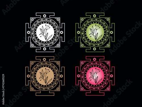 Four ornate circular Sri Yantra
mandalas in different colours ona black background