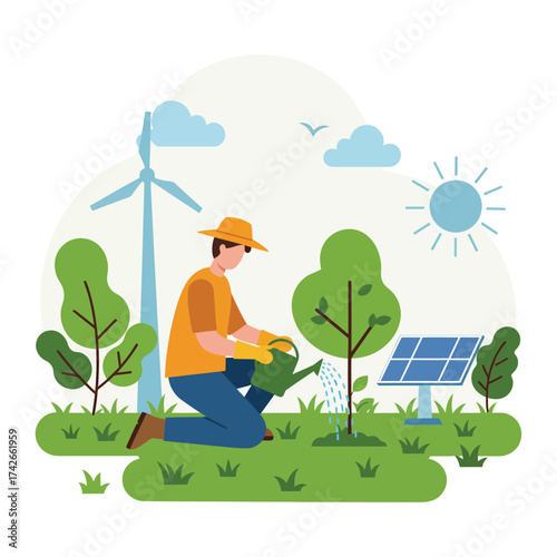 Hand Made Man watering a newly planted tree with solar panel and wind turbine in the background promoting environmental sustainability
