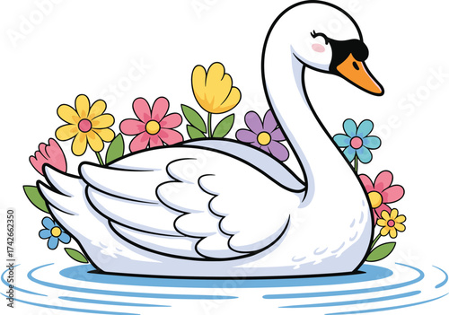Cute Cartoon Swan Vector Floating on Water with Colorful Flowers – Elegant Bird Illustration for Kids and Spring Themes