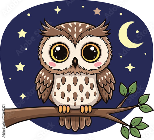 Cute Cartoon Owl Vector Sitting on Tree Branch at Night with Moon and Stars – Fun Nocturnal Bird Illustration for Kids