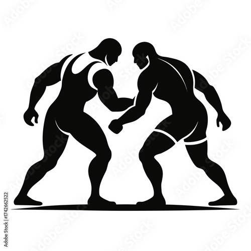 Two wrestlers facing each other in a grappling stance