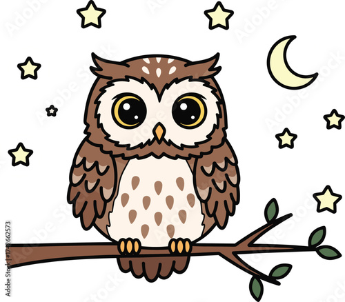 1Cute Cartoon Owl Vector Sitting on Tree Branch at Night with Stars and Moon – Fun Nocturnal Bird Illustration for Kids