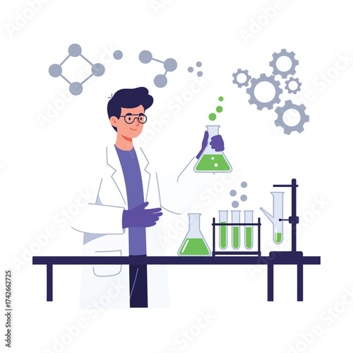 Hand Made Scientist conducting a chemical experiment in a laboratory vector illustration of a researcher in a lab coat isolated on white background