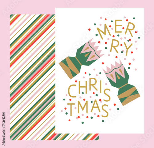 Merry Christmas greeting card with a cracker and confetti. Cute flat style. Winter holiday design template.