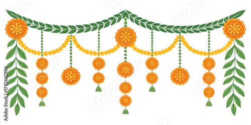 Elaborate indian marigold flower garland with green leaves and yellow beads, a vibrant and decorative element for festivals and cultural events, isolated on transparent background