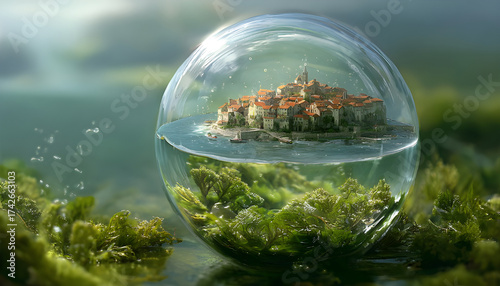 Wallpaper Mural A small town on a piece of land, located inside a transparent sphere. The sphere is located underwater against a backdrop of algae Torontodigital.ca