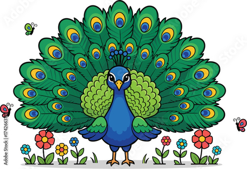 Cute Cartoon Peacock Vector with Colorful Feathers Standing in Flower Garden – Fun Exotic Bird Illustration for Kids and Nature Themes