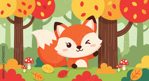 Cute Cartoon Fox Vector Winking in Autumn Forest with Colorful Trees, Leaves, and Mushrooms – Fun Woodland Animal Illustration for Kids