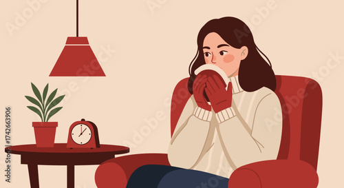 Woman holding hand warmer in a cozy living room with a warm ambiance