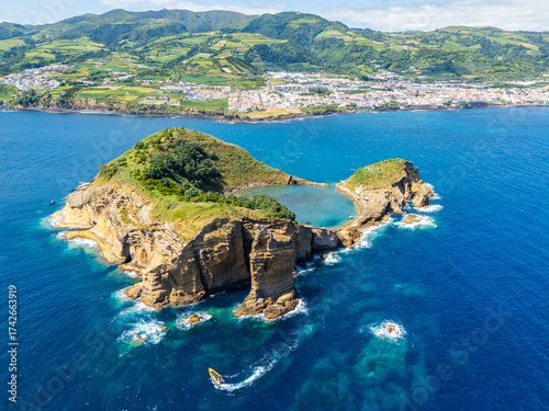 Vila Franca Islet, Vila Franca Do Campo Town, Boat and Atlantic Ocean on Sunny Day. Azores, Sao Miguel Island. Portugal. Aerial View
