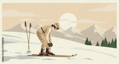 Skier preparing on the slopes at sunset with mountains in the background
