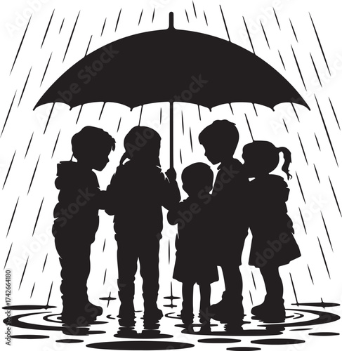 Children under the umbrella are hiding from the rain, silhouette vector
