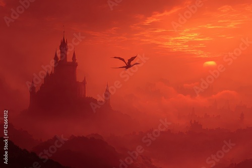 Dragon Guarding Castle in Fiery Red Landscape
