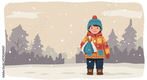 Cheerful child with arm in sling standing in snowy landscape during snowfall
