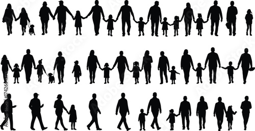 Family silhouettes walking together parents and children holding hands vector illustration showing love, unity, lifestyle, bonding, support, relationship, and happiness