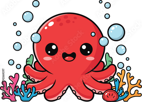 Cute Cartoon Octopus Vector Underwater with Coral Reefs and Bubbles – Fun Sea Animal Illustration for Kids and Ocean-Themed Designs