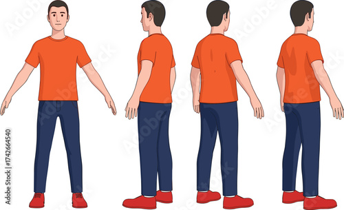 3D male character in five turnaround views with casual outfit for animation, modeling, game design, and visual reference themes