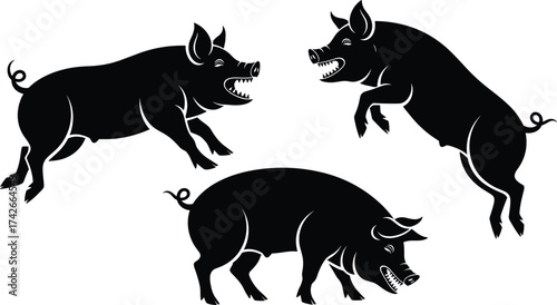 Aggressive pig silhouettes in dynamic poses with sharp teeth, wild expressions, and curled tails for bold animal vector illustration themes