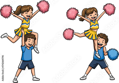 Cartoon Cheerleading Duo Stunt Vector Featuring Boy and Girl, Pom-Poms, Athletic Pose, Teamwork, Balance, Performance, Youth Sports Illustration