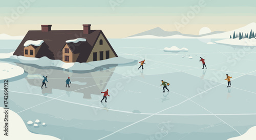 Ice skaters enjoying a frozen lake near a cozy cottage on a winter day