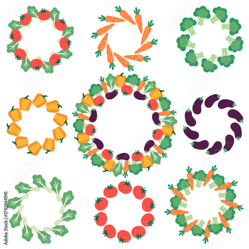 Set of colorful vegetable wreaths with carrots, tomatoes, and broccoli, perfect for eco food design, vegan labels, and healthy lifestyle themes.