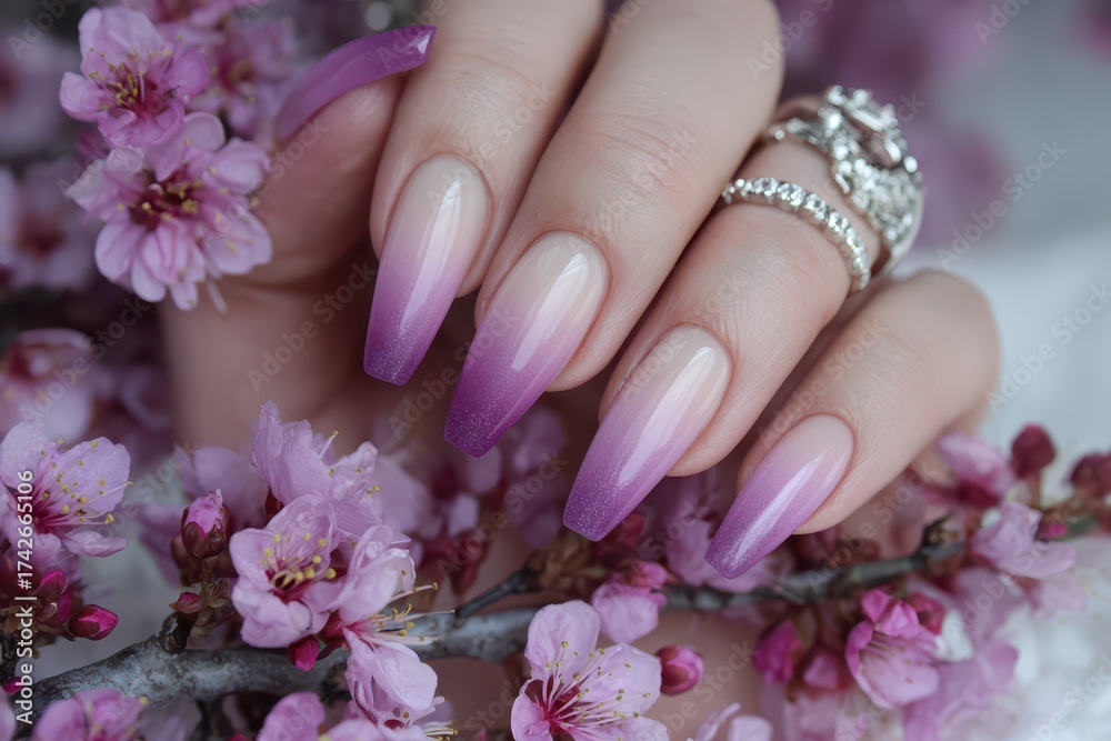 Fototapeta premium Ombre Pink Nails and Cherry Blossom Flowers