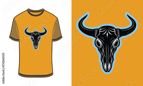 Stylized Tshirt mockup bison skull with light blue outline orange animal head