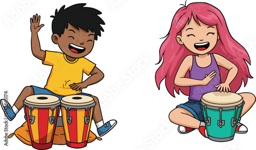 Cartoon Children Playing Drums Vector Featuring Conga and Hand Percussion, Joyful Music Scene, Cultural Expression, Kids Rhythm Illustration