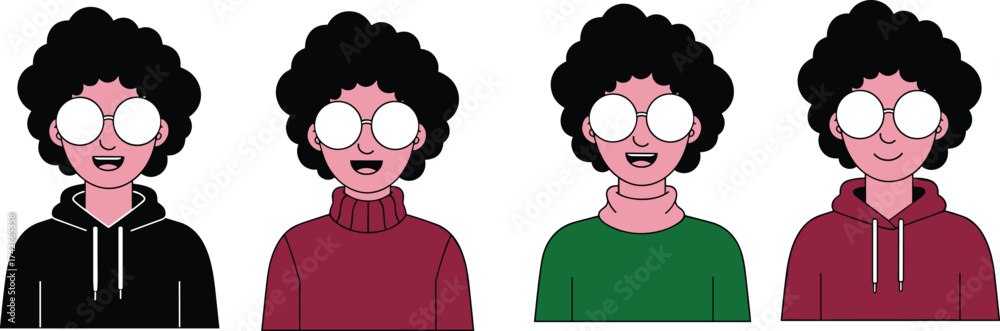 Fototapeta premium Cartoon character, curly hair, round glasses, hoodie style, turtleneck fashion, diverse outfits, expressive poses, casual look, fashion variation, design set