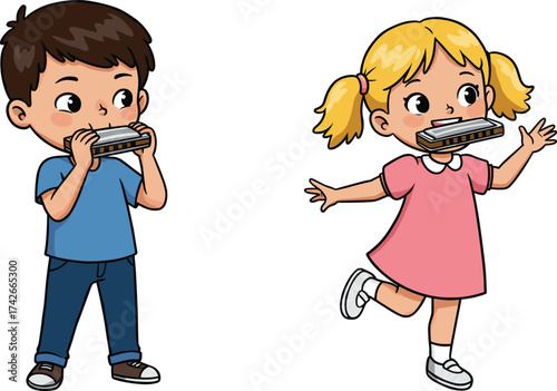 Cartoon Children Playing Harmonica Vector Featuring Musical Notes, Joyful Expression, Standing and Playful Pose, Music Fun, Cultural Sound Illustration