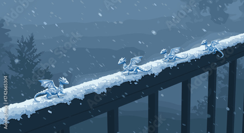 Ice-blue dragon figurines lined up on snowy railing in winter setting
