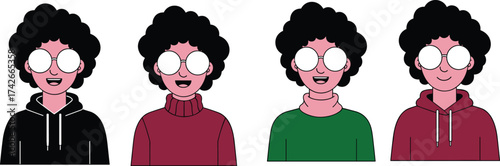 Cartoon character, curly hair, round glasses, hoodie style, turtleneck fashion, diverse outfits, expressive poses, casual look, fashion variation, design set