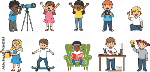 Cartoon children activities, hobby illustration, telescope, gardening, photography, reading, skateboarding, creativity, science, playtime, emotional expression, character set