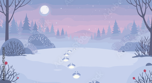 Animal tracks in the snow leading through a winter landscape at twilight
