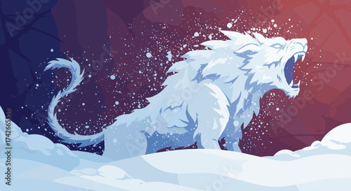 Majestic white lion roaring in a snowy environment with a gradient background
