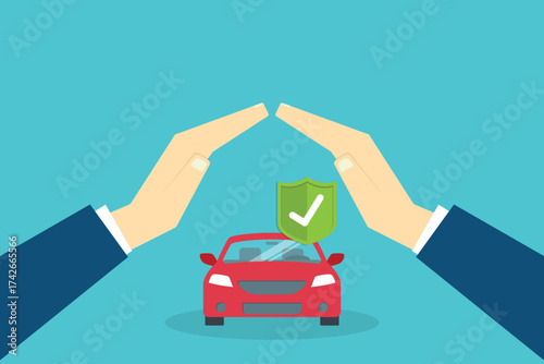 Car with a protective hands. For security concepts, protection of private property. Insurance, mortgage, credit.	